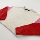 Cream, Red & Pink Cropped Knitted Jumper - Girls 9 Years