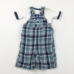 'Junior J' Navy & Duck Egg Blue Checked Lightweight Cotton Short Dungarees  & White T-Shirt Set - Boys 9-12 Months