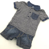 Blue Striped Top with Denim Effect Shorts Lightweight Short Sleeve Romper - Boys 3-6 Months