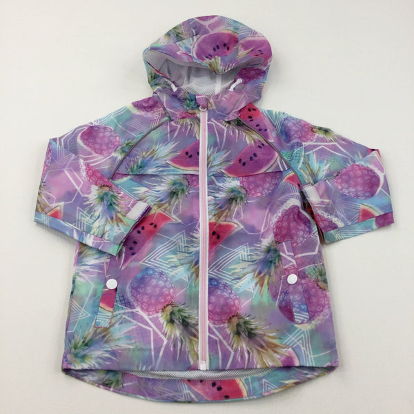 Pineapples & Watermelons Pink & Purple Lightweight Showerproof Jacket with Hood - Girls 3-4 Years