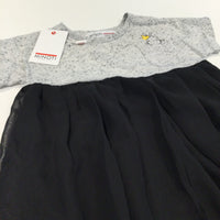**NEW** Rabbit & Crown Speckled Grey Jersey Dress with Black Net Skirt - Girls 18-24 Months