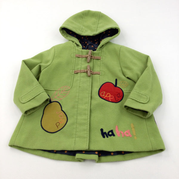 'Apple, Pear' Green Fabric Zip Up Coat with Hood - Girls 3-4 Years