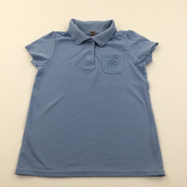 Flower Embroidered Blue Polo Shirt - Girls 10 Years