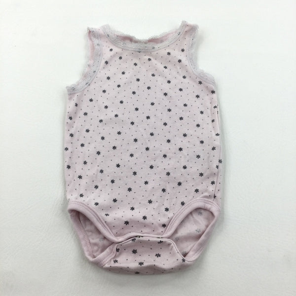 Flowers Grey & Dusky Pink Sleeveless Bodysuit with Lacey Trim - Girls 4-6 Months