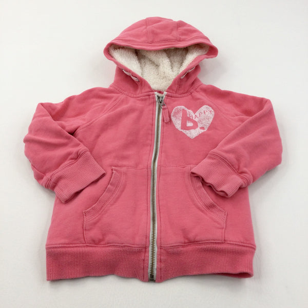 'B Happy' Pink Zip Up Fleece Lined Hoodie Sweatshirt - Girls 5 Years