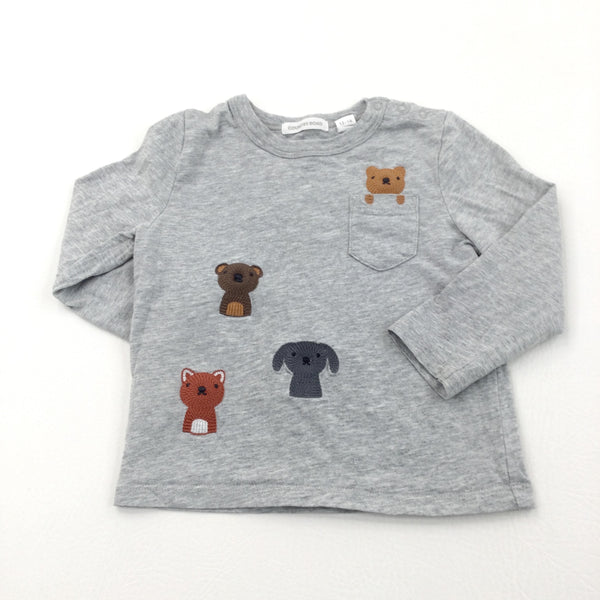 Animals Embroidered Grey Long Sleeve Top - Boys 12-18 Months