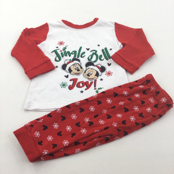 'Jingle Bell Joy' Mickey Mouse & Minnie Mouse Red & White Christmas Pyjamas - Boys/Girls 9-12 Months