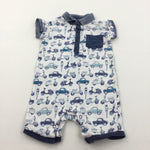 Mopeds Blue, Navy & White Jersey Romper - Boys 6-9 Months