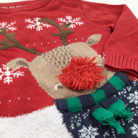 Rudolph Reindeer Appliqued Red Knitted Christmas Jumper - Boys/Girls 6-9 Months