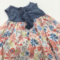 Flowery Peach & White Lined Dress with Denim Effect Top - Girls 6-9 Months