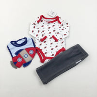 **NEW** Planets Long Sleeve White Bodysuit With Grey Fleece Trousers & Rocket Appliqued Bib - Boys Newborn