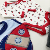 **NEW** Planets Long Sleeve White Bodysuit With Grey Fleece Trousers & Rocket Appliqued Bib - Boys Newborn