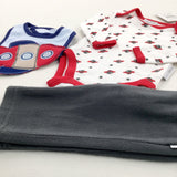 **NEW** Planets Long Sleeve White Bodysuit With Grey Fleece Trousers & Rocket Appliqued Bib - Boys Newborn