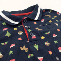 Pixelated Reindeer, Presents & Christmas Trees Navy Polo Shirt - Boys 12-18 Months