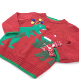 Christmas Dinosaurs Appliqued Red Knitted Jumper - Boys 12-18 Months