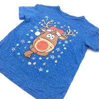 Rudolph Reindeer Blue Christmas T-Shirt - Boys/Girls 3 Years