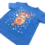 Rudolph Reindeer Blue Christmas T-Shirt - Boys/Girls 3 Years