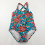 Colourful Flowers Orange & Blue Swimming Costume - Girls 7-8 Years