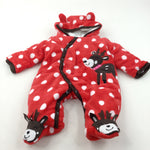 Reindeer Appliqued Spotty Red & White Jersey Lined Warm Fleece Pramsuit - Boys/Girls 6 Months