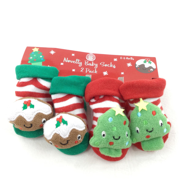 **NEW** Two Pairs of Christmas Socks with Appliqued Christmas Trees & Puddings - Boys/Girls 0-6 Months