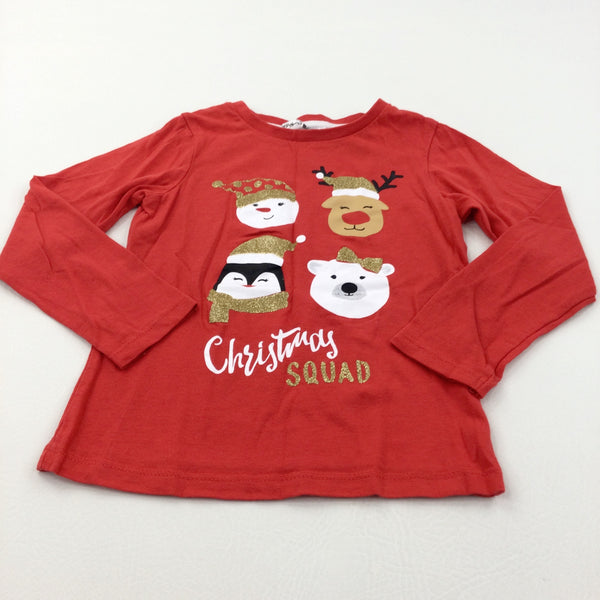 'Christmas Squad' Animals Glittery Red Long Sleeve Top - Girls 3-4 Years