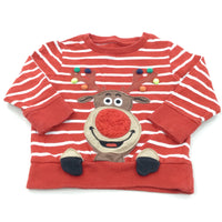 Rudolph Reindeer Appliqued Red & White Striped Long Sleeve Christmas Top - Boys/Girls 6-9 Years