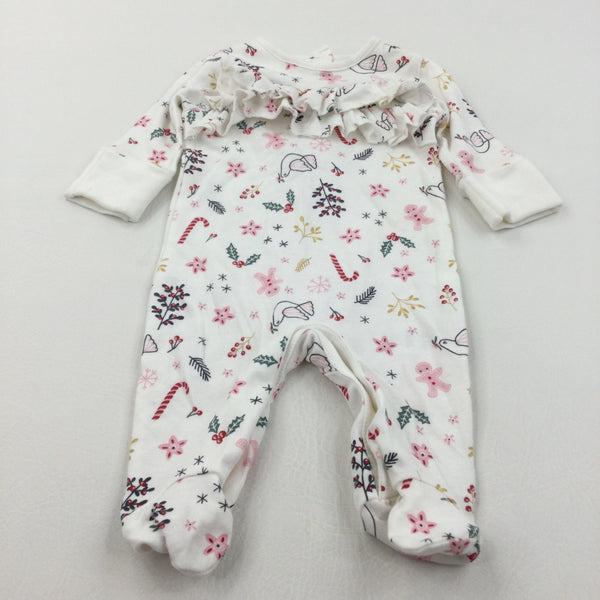 Gingerbread Girls, Holly & Candy Canes Pink & White Babygrow - Girls Newborn