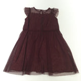 Burgundy Satiny Party Dress with Spotty Net Overlay - Girls 5-6 Years