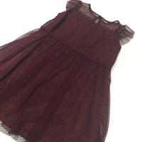 Burgundy Satiny Party Dress with Spotty Net Overlay - Girls 5-6 Years