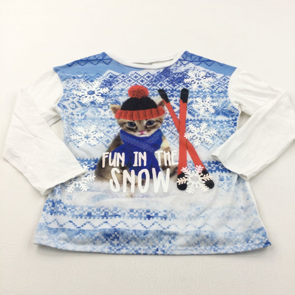 'Fun In The Snow' Glittery Cat & Skis Blue, Red & White Polyester Long Sleeve Christmas Top - Girls 5-6 Years