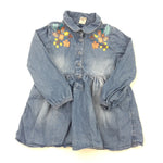 Flowers Embroidered Denim Long Sleeve Dress - Girls 12-18 Months