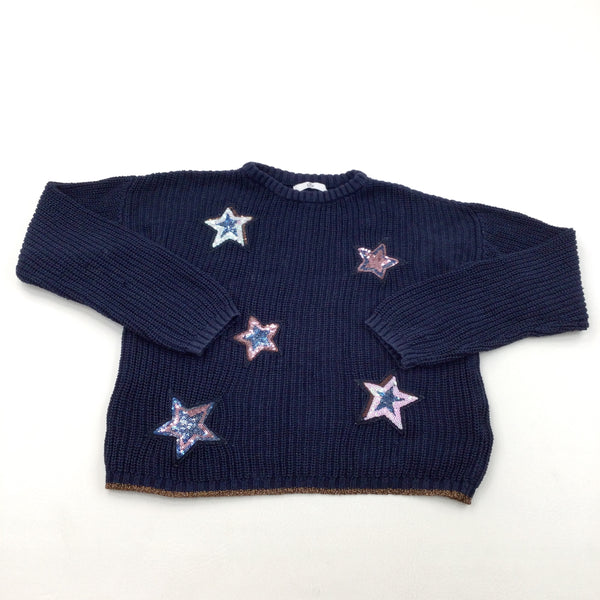 Sequin Stars Glittery Navy Knitted Jumper - Girls 10-11 Years
