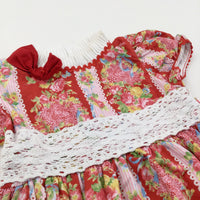 Flowers & Lace Detail Red Cotton Party Dress - Girls 2-3 Years