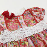 Flowers & Lace Detail Red Cotton Party Dress - Girls 2-3 Years