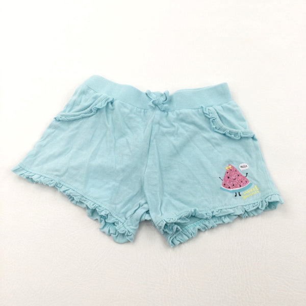 'Sweet Summer' Glittery Watermelon Pale Blue Lightweight Jersey Shorts - Girls 5-6 Years