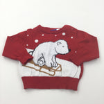 Sledging Polar Bear Red Knitted Christmas Jumper - Boys 2-6 Months