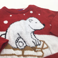 Sledging Polar Bear Red Knitted Christmas Jumper - Boys 2-6 Months