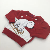 Sledging Polar Bear Red Knitted Christmas Jumper - Boys 2-6 Months