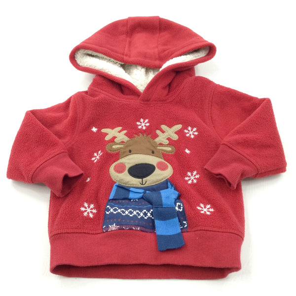 Reindeer Appliqued Red Fluffy Fleece Christmas Hoodie Jumper - Boys/Girls 12-18 Months