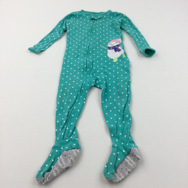 Snowman Appliqued Spotty Teal Babygrow with Non-Slip Feet - Girls 18 Months