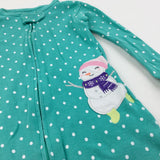 Snowman Appliqued Spotty Teal Babygrow with Non-Slip Feet - Girls 18 Months