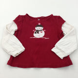 Snowman Appliqued Burgundy & White Long Sleeve Christmas Top - Girls 18-24 Months