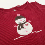 Snowman Appliqued Burgundy & White Long Sleeve Christmas Top - Girls 18-24 Months