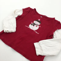 Snowman Appliqued Burgundy & White Long Sleeve Christmas Top - Girls 18-24 Months