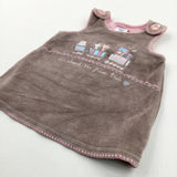 'All Aboard The Polar Train' Embroidered Brown & Pink Pinafore Dress - Girls 0-3 Months