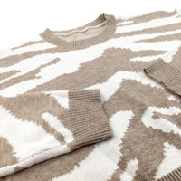 Animal Print Brown & White Cropped Knitted Jumper - Girls 11-12 Years