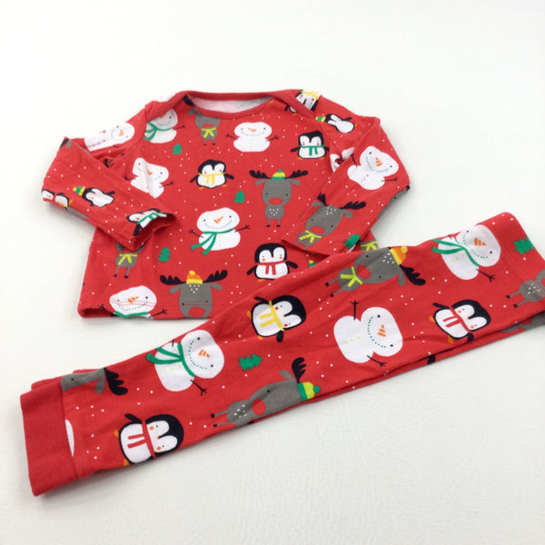 Snowman, Reindeer & Penguins Red Christmas Pyjamas - Boys/Girls 9-12 Months