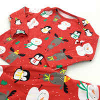 Snowman, Reindeer & Penguins Red Christmas Pyjamas - Boys/Girls 9-12 Months