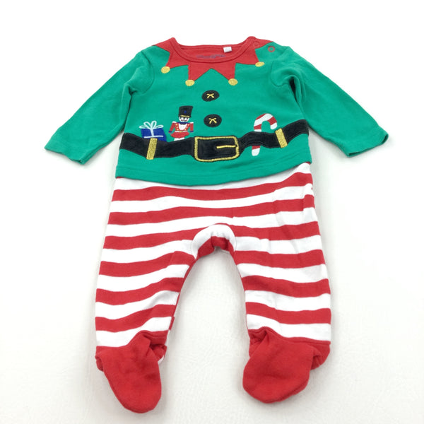 Elf Green, Red & White Christmas Babygrow - Boys/Girls 0-3 Months