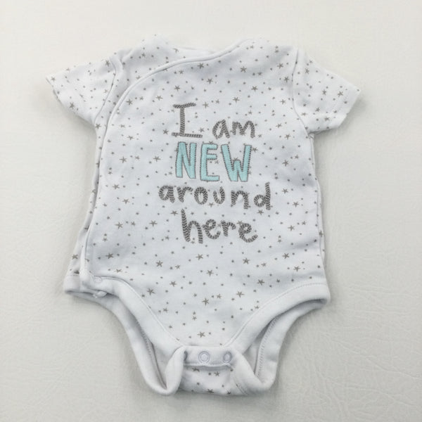 'I Am New Around Here' Embroidered Grey & White Short Sleeve Bodysuit - Boys/Girls Newborn